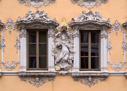 Stucco façade, window, Haus zum Falken, Falkenhaus, historic old town, Würzburg, Lower Franconia,