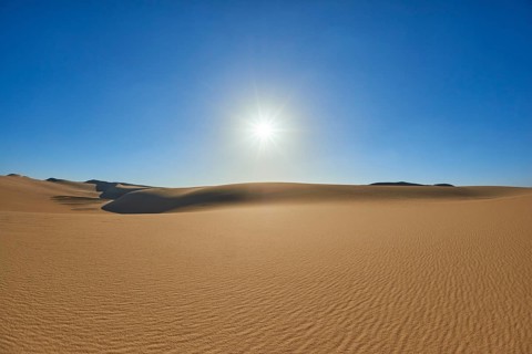 The endless expanse of a desert with golden sand dunes under a bright blue sky and the glistening