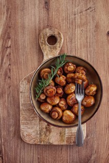 Fried mushrooms, with spices, in soy sauce, vegetarian food, homemade, no people