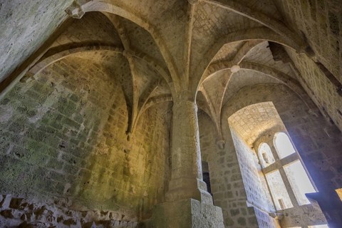 High room with ribbed vault in the Cathar castle of Quéribus, Cucugnan, Département Aude, France,