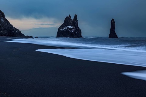 Black beach, waves, spray, dark clouds, winter, light mood, rocks, Dyrholaey, Vik, Iceland, Europe
