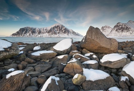 Winter evening mood at Skagsanden, stones on the beach near Flakstad, Flakstadøy, Lofoten,