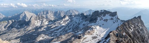 Mountain station at the summit of the Zugspitze, panorama, mountain panorama with golden summit
