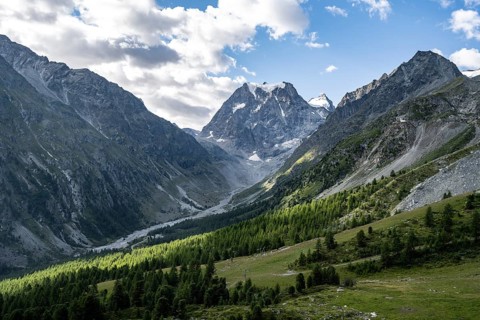 Mountain landscape near Arolla, behind mountain peak Mont Collon, Valais, Western Alps Switzerland