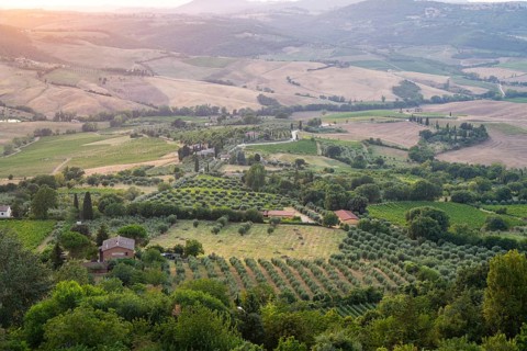 View from Montepulciano into a typical Tuscan landscape in Val d'Orcia with hills, trees, fields,