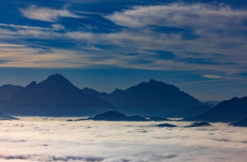 View from Schwarzenberg to a sea of fog in the Salzach valley with Watzmann, Osterhorn group,