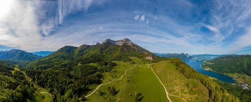 Drone shot, Eisenaualm with Schafberg and Mondsee, Osterhorn group, Salzkammergut, Salzburg