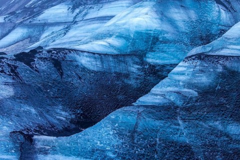 Mýrdalsjökull glacier with layers of black volcanic ash, ice cap on the top of the active Katla
