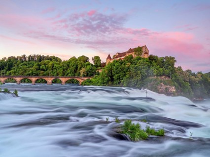 Rhine Falls with Laufen Castle, sunrise, Neuhausen, Canton Schaffhausen, Switzerland, Europe