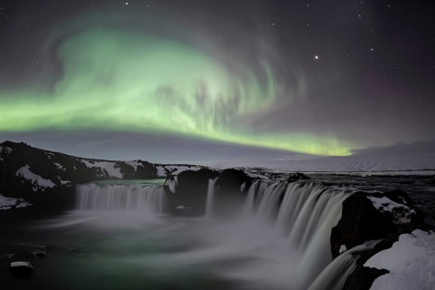 Northern Lights or Aurora Borealis, river Skjálfandafljót, waterfall Góðafoss or Godafoss, long