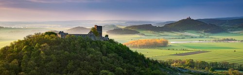 View of the ruins of Gleichen Castle and Wachsenburg Fortress, morning light, Drei Gleichen,