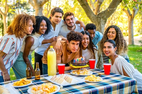 Young caucasian man blowing candles of birthday cake during picnic with multi-ethnic friends in a