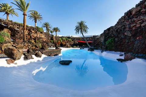 Palm trees by the swimming pool, Jameos del Agua, Lanzarote, Spain, Europe
