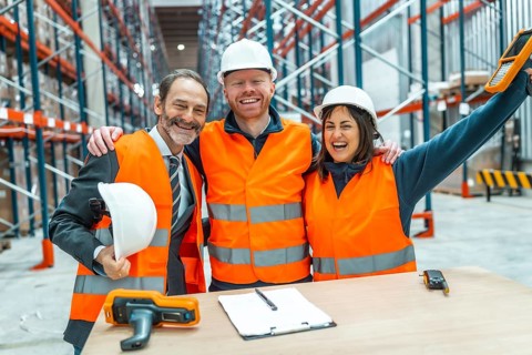 Warehouse workers and their manager are hugging each other, celebrating a successful logistics