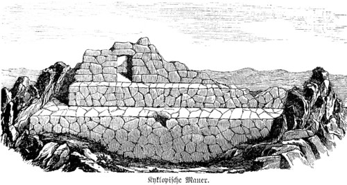 Cyclopean wall or cyclopean masonry (opus siliceum), wall made of irregular stones or rocks, with