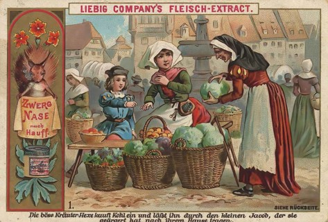 Picture series Dwarf Nose, 1, The evil herb witch buys cabbage and has it carried home by little