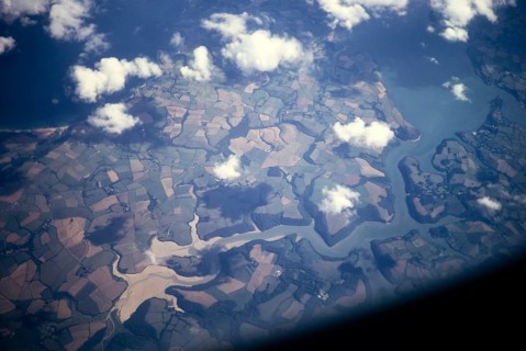 Portrait oblique aerial view of tributaries in the Fal estuary near Lamorran, Cornwall, England, UK