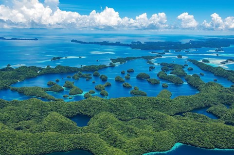 Aerial view of 70 Rock Islands green islands in island paradise island state Palau in the Pacific