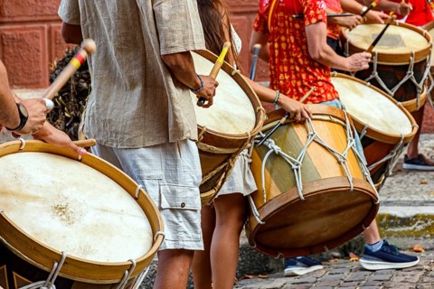 Percussionists and their drums on the streets of Recife during brazilian Carnival, Recife,