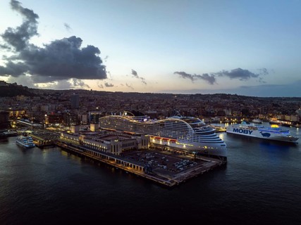 Naples Ferry Terminal at night from a drone, Molo Immacolatella Vecchia, Naples, Campania, Italy,