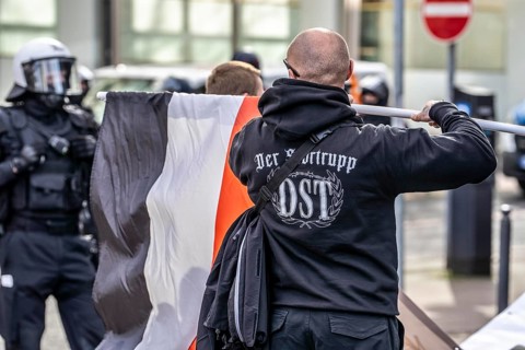 The neo-Nazi group Jung und Stark, JS, demonstrates in the city centre of Essen, demanding the