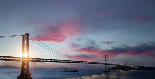 Panoramic San Francisco financial district skyline in city downtown near Oakland Bay Bridge