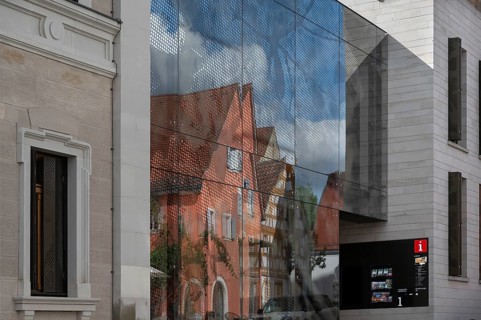 Reflection in the facade of the service centre, former old school, Iphofen, Lower Franconia,