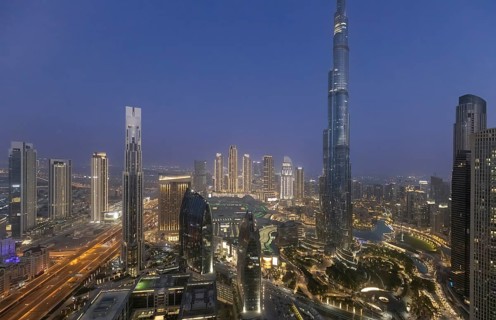 UAE, Dubai panoramic skyline view of city downtown and business district.