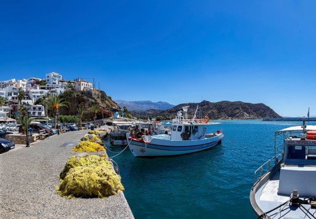 Fishing boats in the harbour of Agia Galini, south coast, Crete, Greece, Europe
