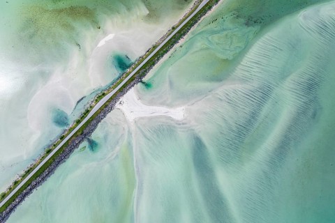 Road on dam, Austvågøya island, Grunnførfjorden, Lofoten, Norway, Europe