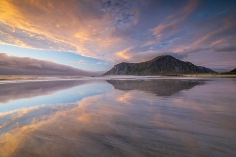 Sunset on the beach at Skagsanden, Flakstad, Lofoten, Norway, Europe