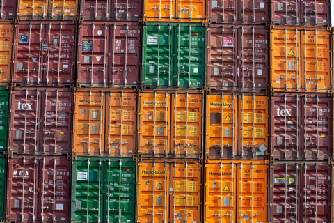 February 2024: Stack of shipping containers in the port of Mannheim, Baden-Württemberg