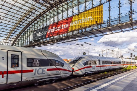 Becoming world class again. ICE, Berlin, central station with platform hall with glass roof