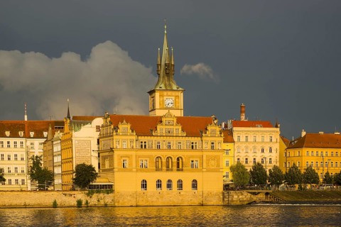 Bedrich Smetana Museum in the former waterworks, behind it the Old Town Water Tower, Smetana Quay,