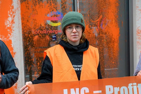Regina Stephan, Last Generation activist after colour attack on Total Energies building. They are