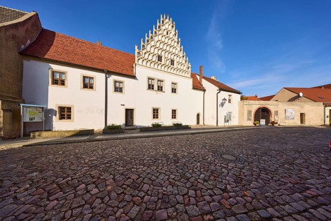 Museum Mühlberg 1547, Façade with gable and blue sky, Klosterstra0e, Mühlberg Elbe, Elbe-Elster