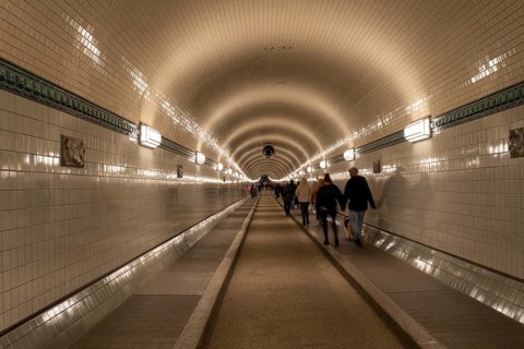 Pedestrians in the tunnel tube, Alter Elbtunnel, St. Pauli, Hamburg, Germany, Europe