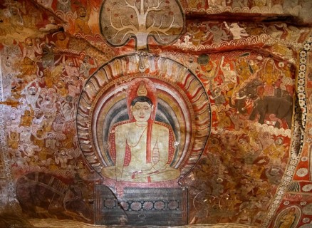 Ceiling fresco of a seated Buddha in the Dambulla cave temple, Dambulla, Central Province, Sri