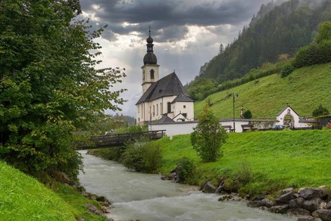 Parish church of St Sebastian, bridge, stream, rainy weather, Ramsauer Ache, Ramsau,