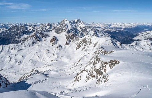 View from the summit of Monte Cevedale, mountain panorama with summit Königsspitze and Ortler,