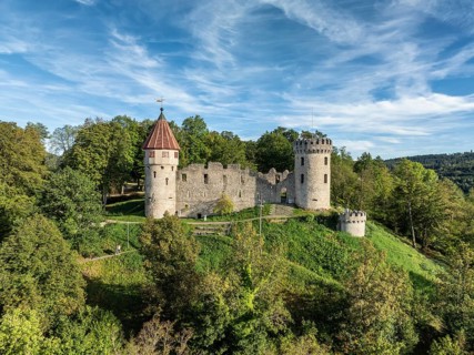 Aerial view of the Honburg castle ruins on the Honberg above the town of Tuttlingen, district of