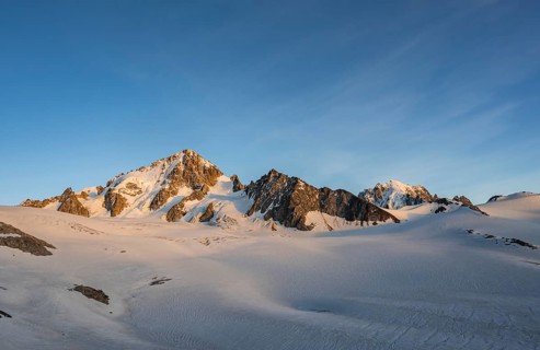 High alpine mountain landscape at sunset, Glacier du Tour, Glacier and mountain peaks in the