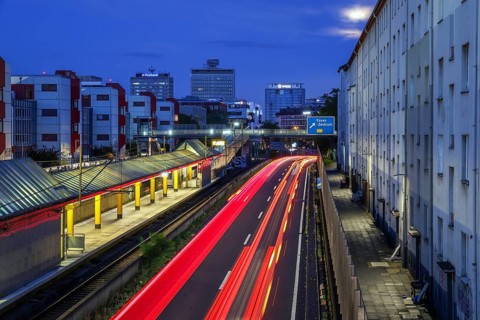 Essen, North Rhine-Westphalia, Germany, A40 motorway in the city centre at dusk. Deserted