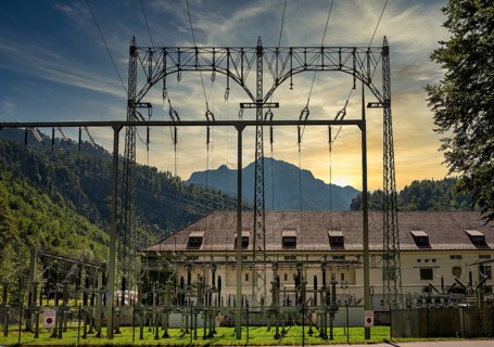 Power line at a small power station, Bad Tölz, Bavaria, Germany, Europe