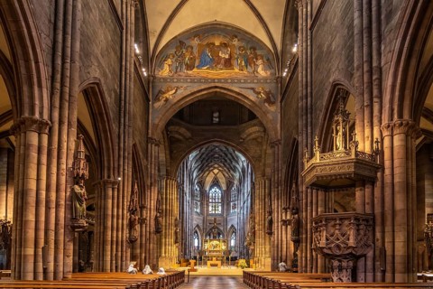 Interior of Freiburg Minster, Freiburg im Breisgau, Black Forest, Baden-Württemberg, Germany,
