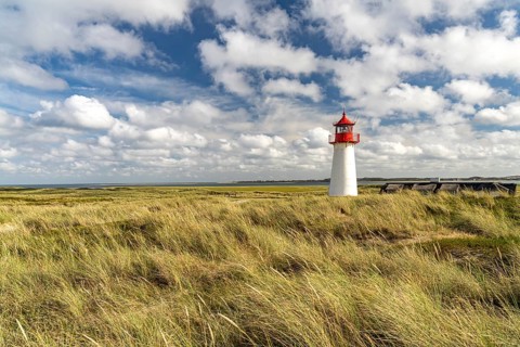 The List West lighthouse on the coast of the Ellenbogen peninsula, List, island of Sylt, district