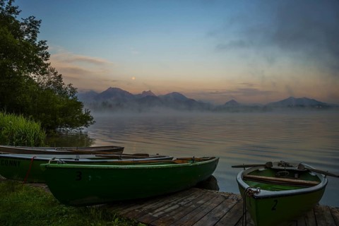 Morning atmosphere at full moon, Hopfensee, near Fuessen, Ostallgaeu, Allgaeu, Upper Swabia,