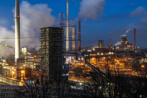 The Thyssenkrupp Steel steelworks in Duisburg-Marxloh, on the Rhine, quenching tower of the coking
