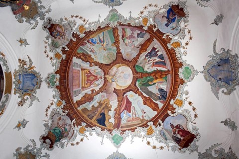 Church, baroque basilica St. Mang, interior view, ceiling fresco, Füssen, Ostallgäu, Bavaria