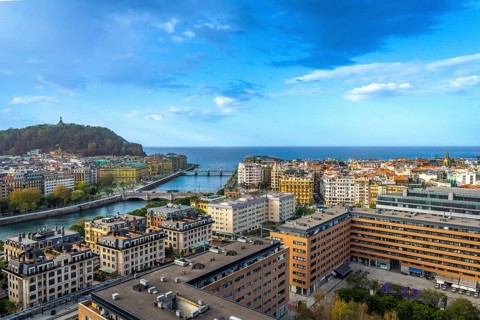 Aerial view of the Urumea river and the bridges of San Sebastian, Donostia at sunset, Basque